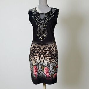 Elegant Exclusive Black Dress with handmade embroidery animal and floral print